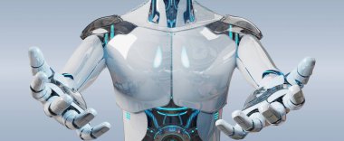 Beyaz erkek cyborg gri arka plan üzerinde 3d render izole onun iki eli açma