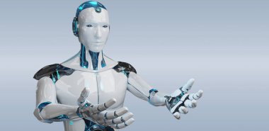 Beyaz erkek cyborg gri arka plan üzerinde 3d render izole onun iki eli açma