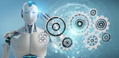 Dijital Gears'ın kullanımı 3d render bulanık arka plan üzerinde beyaz insansı robot
