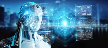 Dijital veriler arabirimi 3d rendering kullanarak bulanık arka plan üzerinde beyaz erkek cyborg