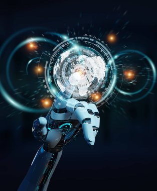 Beyaz cyborg el dijital veriler arabirimi 3d rendering kullanarak arka plan bulanık üzerinde