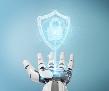 Beyaz insansı el web güvenlik 3B oluşturmayı kullanarak arka plan bulanık üzerinde