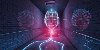 Mavi ve pembe cyborg hologram bir metro iç 3d render tarassut