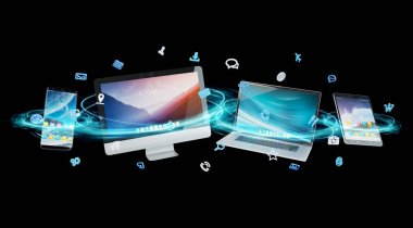 Teknik cihazlar ve simgeler uygulamaları bağlı ve siyah arka planda 3d render izole
