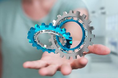 İşkadını üzerinde kayan dişli simgeler 3d rendering kullanarak arka plan bulanık