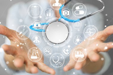 İşkadını üzerinde tutarak ve kayan stetoskop 3d render dokunmadan arka plan bulanık