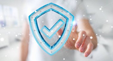 İşadamı modern veri kalkan virüsten koruma 3B oluşturmayı kullanarak arka plan bulanık üzerinde