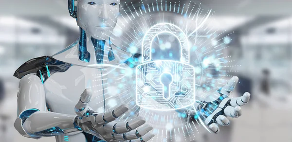 Hvit Cyborg Utydelig Bakgrunn Som Beskytter Dataene Sine Med Digital – stockfoto