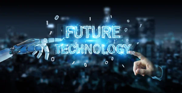 White Robot Hand Blurred Background Using Future Technology Text Hologram — Stock Photo, Image