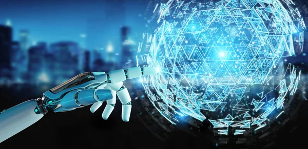 Beyaz robot el dijital üçgen küre hologram 3d render patlayan kullanarak arka plan bulanık üzerinde