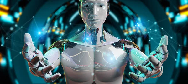 Vit Man Robot Suddig Bakgrund Använder Digital Anslutning Rendering — Stockfoto