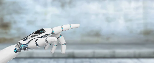 白色的机器人指着他的手指在街道背景3D — 图库照片