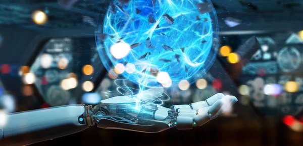 Weiße Roboterhand Auf Verschwommenem Hintergrund Erzeugt Energie Ball Rendering — Stockfoto