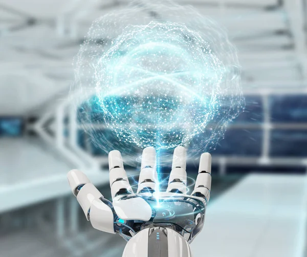 Beyaz insansı el dijital küresel ağ 3B oluşturmayı kullanarak arka plan bulanık üzerinde