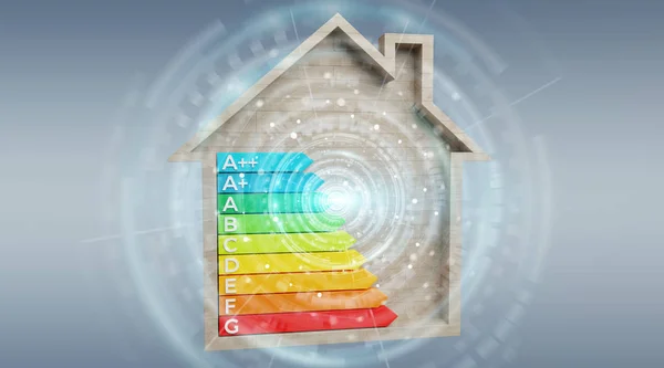 Rendering Energiediagramm Einem Holzhaus Auf Grauem Hintergrund — Stockfoto