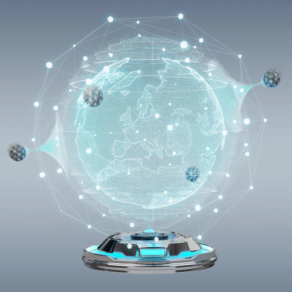 Globe network hologram projector with digital connection on grey background 3D rendering
