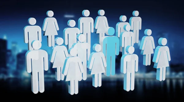 3D rendering group of people with blue man in middle on blue background