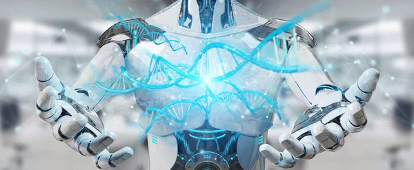 White Male Cyborg Blurred Background Scanning Human Dna Rendering — Stock Photo, Image