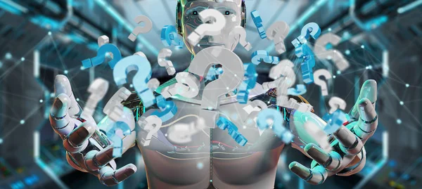 Dijital Soru Işaretleri Oluşturmayı Kullanarak Arka Plan Bulanık Beyaz Robot — Stok fotoğraf