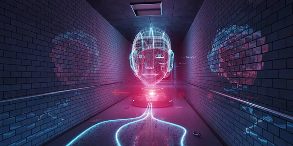 Mavi ve pembe cyborg hologram bir metro iç 3d render tarassut