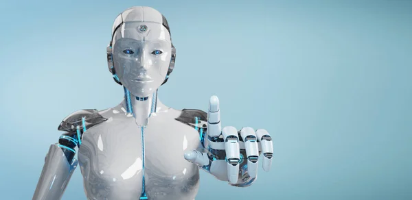 白色女子机器人指着她的手指被孤立在蓝色背景3D — 图库照片