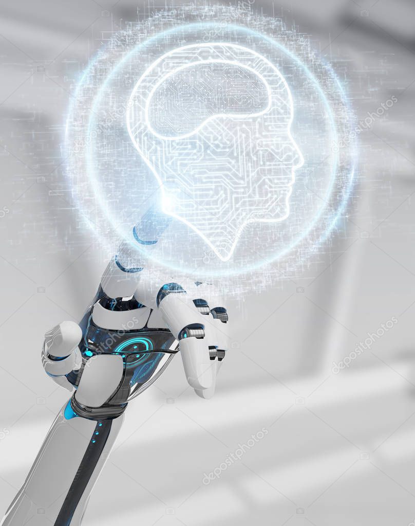 White humanoid hand on blurred background using digital artificial intelligence icon hologram 3D rendering