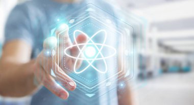 İşadamı modern molekül yapısı 3B oluşturmayı kullanarak arka plan bulanık üzerinde