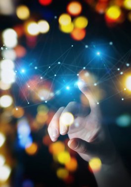 İşkadını fütüristik bağlantı arabirimi 3d rendering kullanarak arka plan bulanık üzerinde