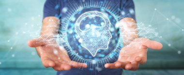 İşadamı dijital yapay zeka simgesi hologram 3B oluşturmayı kullanarak arka plan bulanık üzerinde