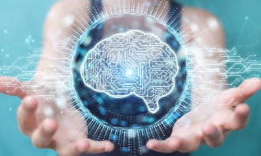 İşkadını dijital yapay zeka simgesi hologram 3B oluşturmayı kullanarak arka plan bulanık üzerinde