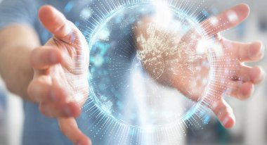 İşadamı üzerinde küre ağ hologram Avrupa ile harita 3B oluşturmayı kullanarak arka plan bulanık