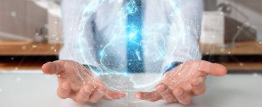 İşadamı üzerinde küre ağ hologram Avrupa ile harita 3B oluşturmayı kullanarak arka plan bulanık