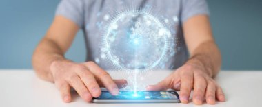 İşadamı üzerinde küre ağ hologram Avrupa ile harita 3B oluşturmayı kullanarak arka plan bulanık