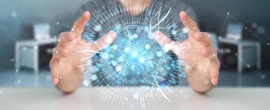 İşadamı dijital göz gözetim hologram 3B oluşturmayı kullanarak arka plan bulanık üzerinde