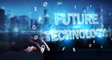 Geleceğin teknolojisi metin arabirimi 3d rendering kullanarak arka plan bulanık üzerinde işadamı