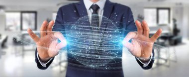 İşadamı dijital küre bağlantısı hologram 3B oluşturmayı kullanarak arka plan bulanık üzerinde