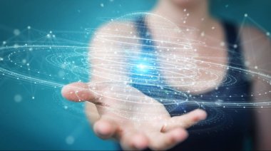 İşkadını dijital küre bağlantısı hologram 3B oluşturmayı kullanarak arka plan bulanık üzerinde