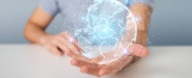 İşadamı üzerinde küre ağ hologram Amerika ABD harita 3d render ile kullanarak arka plan bulanık