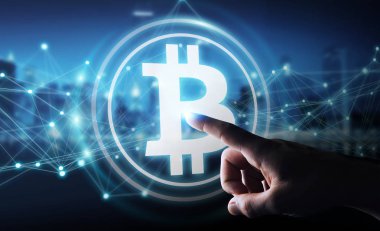 İşadamı bitcoins cryptocurrency 3d rendering kullanarak arka plan bulanık üzerinde