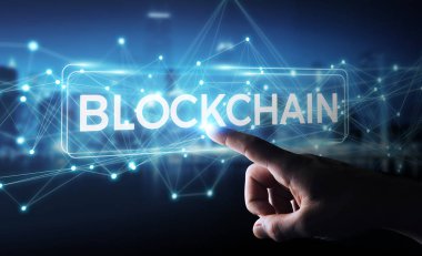 İşadamı blockchain cryptocurrency arabirimi 3d rendering kullanarak arka plan bulanık üzerinde