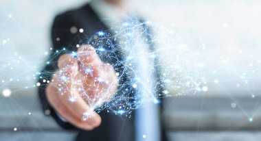 Hücre ve neurons aktivitesiyle 3d render dijital röntgen insan beyni arabirimini kullanarak iş adamı