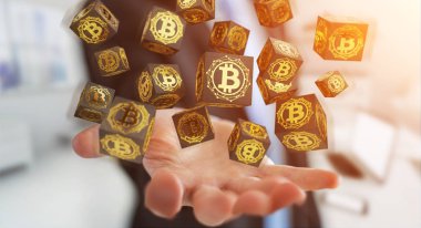 İşadamı bitcoins cryptocurrency 3d rendering kullanarak arka plan bulanık üzerinde