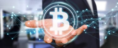 İşadamı bitcoins cryptocurrency 3d rendering kullanarak arka plan bulanık üzerinde