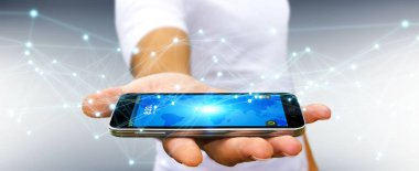 Bulanık arkaplanda uçan ağ bağlantısı 3D görüntüleme kullanan bir işadamı