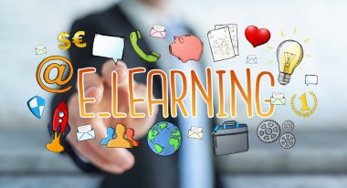 E-öğrenme sunu çizilmiş dokunmadan bulanık arka plan üzerinde işadamı