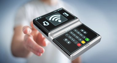 İşadamı temassız terminal ödeme 3B oluşturmayı kullanarak arka plan bulanık üzerinde