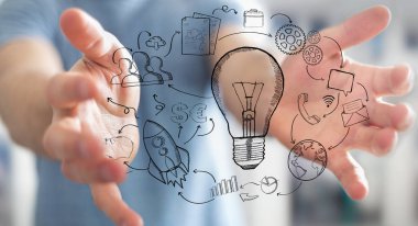 Elini tutarak işadamı ampul etrafında uçan Multimedya simgelerle elinde çizilmiş