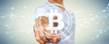 İş kadını bitcoins cryptocurrency 3d rendering kullanarak arka plan bulanık üzerinde