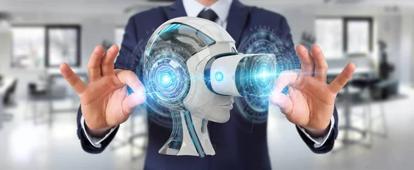 Affärsman Suddig Bakgrund Med Hjälp Virtuell Verklighet Och Artificiell Intelligens — Stockfoto