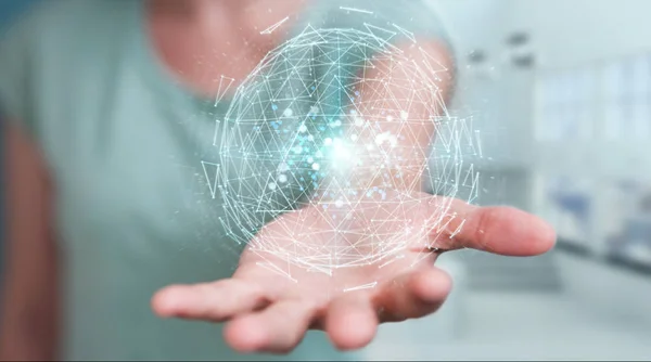 Businesswoman Blurred Background Using Digital Triangle Exploding Sphere Hologram Rendering — Stock Photo, Image